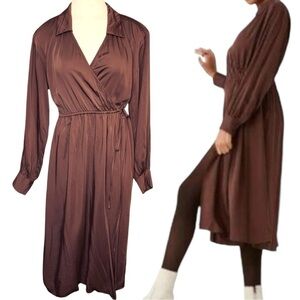 Frank And Oak Wrap Midi Dress Brown Long Sleeve Modal Viscose Blend V Neck Sz S